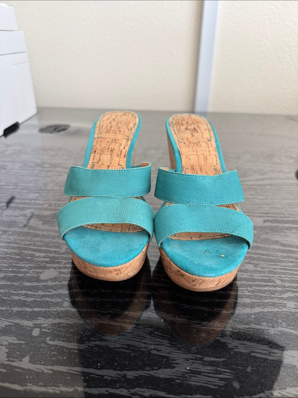 Nine West Teal Cork Wedge Slide Mules
